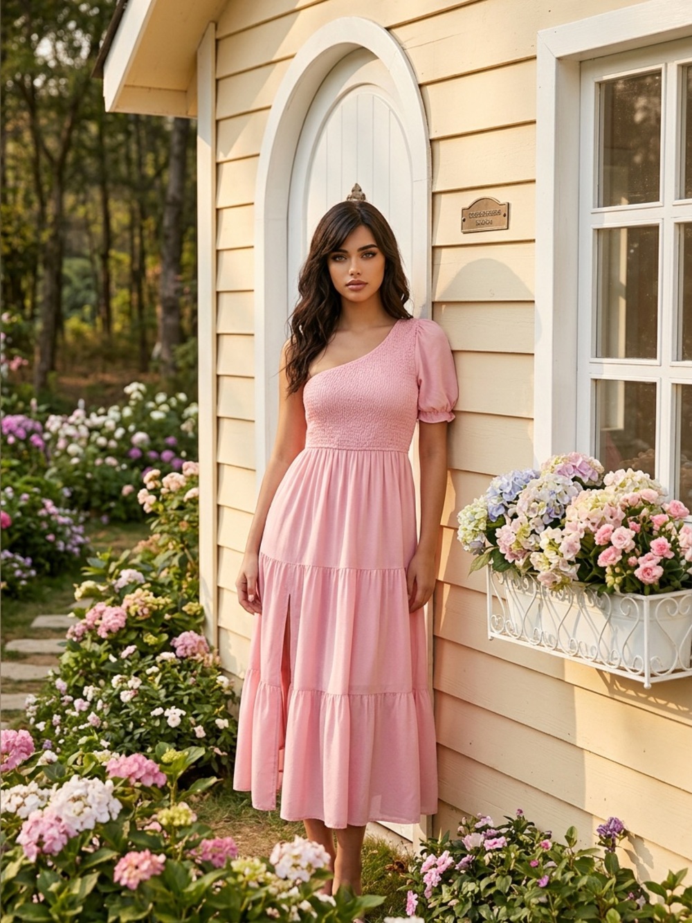 NWT Zesica Light Pink One Shoulder Smocked Tiered Slit Maxi Dress Women’s Large